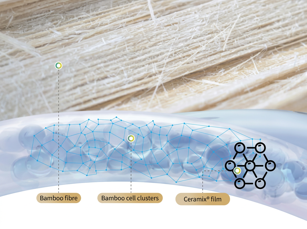 Magnified bamboo fibre showing bamboo cell clusters sealed by the Ceramix® film