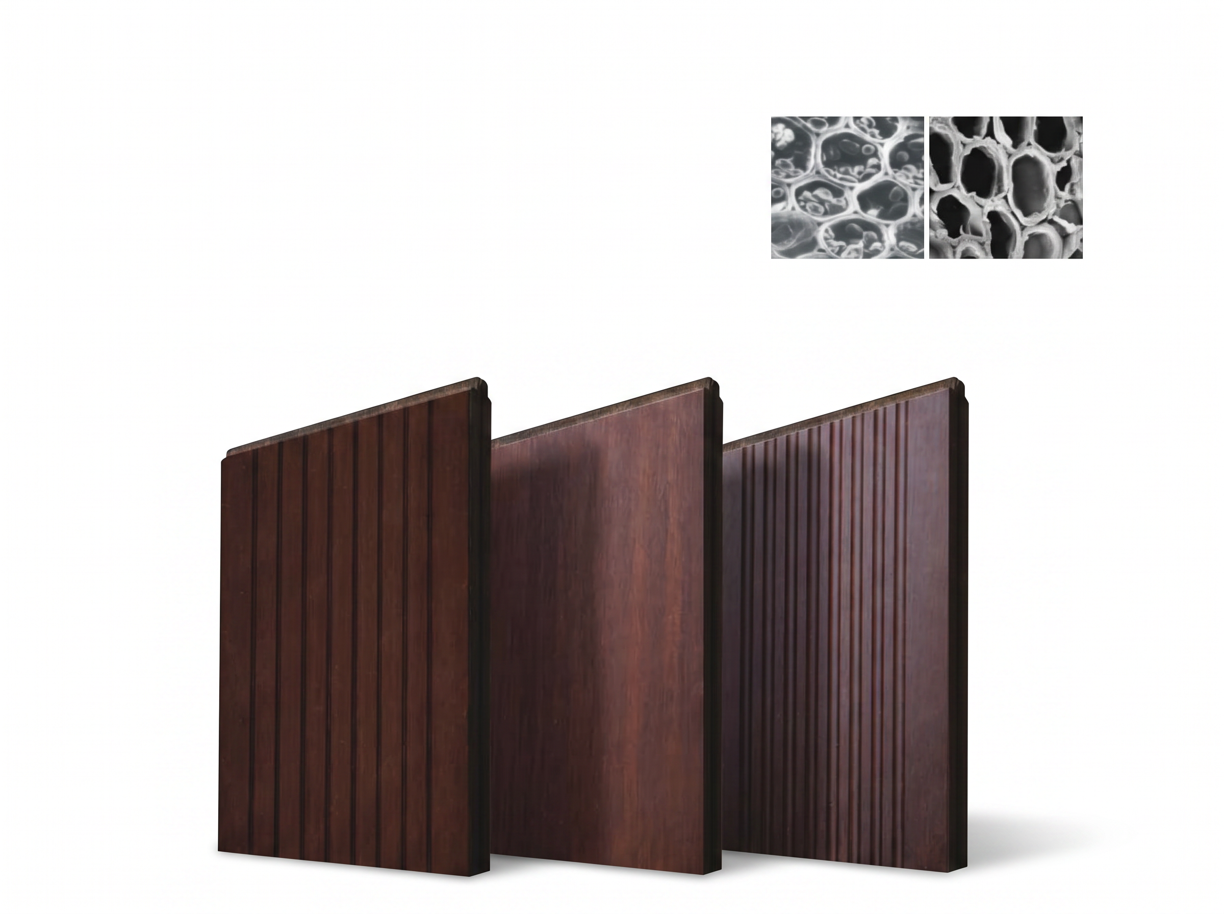 dasso XTR bamboo boards next to microscope views of bamboo cells before and after thermal treatment